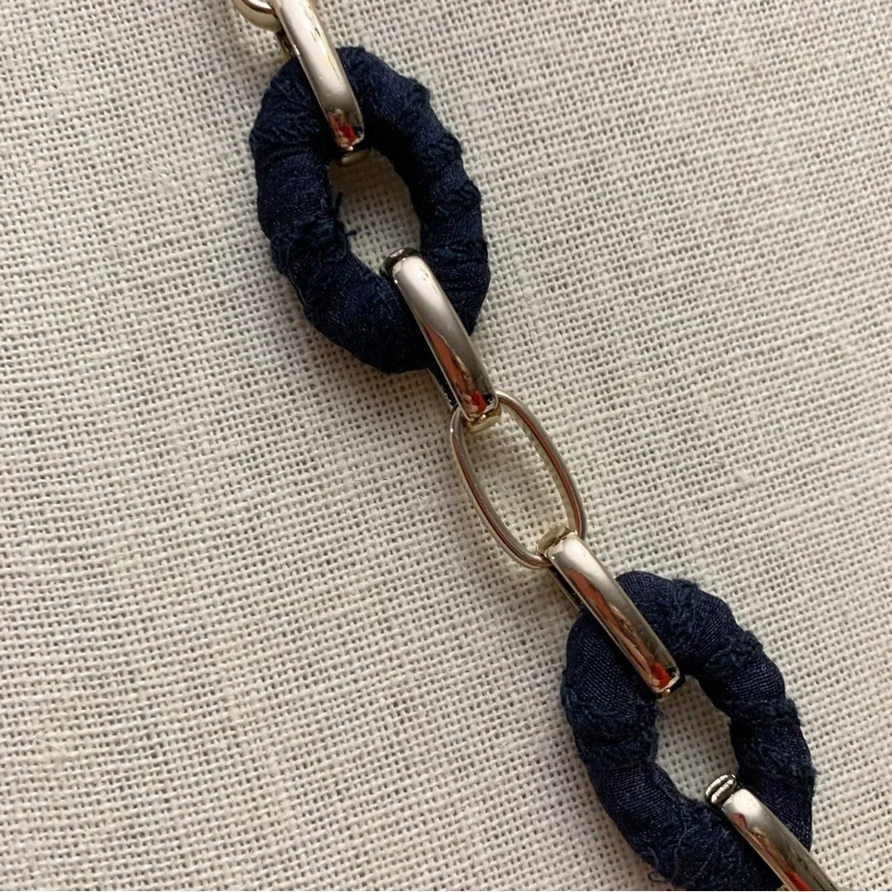 Ann Taylor navy blue gold cloth wrapped chunky chain nautical necklace coastal